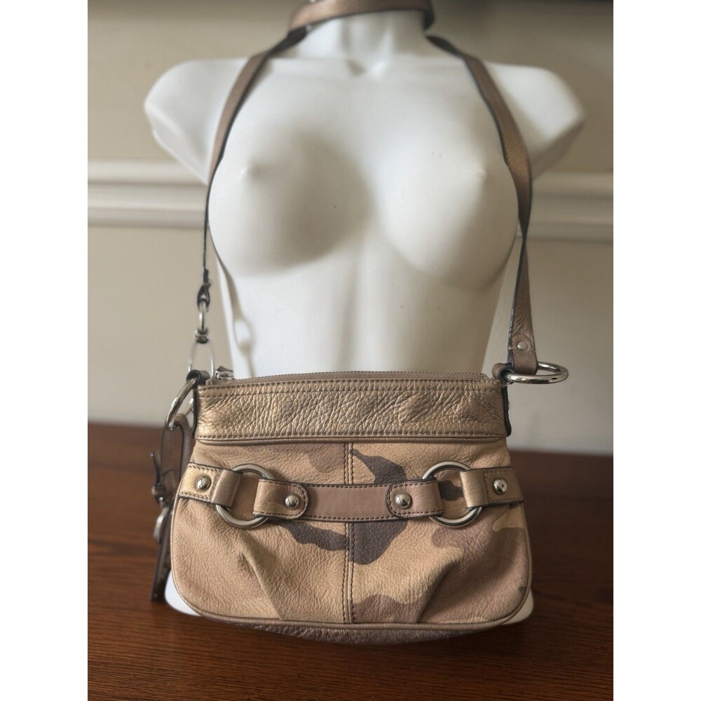 B Makowsky Gold Tan Bronze Camouflage Soft Leather Crossbody Leopard Lining Bag - Picture 2 of 16
